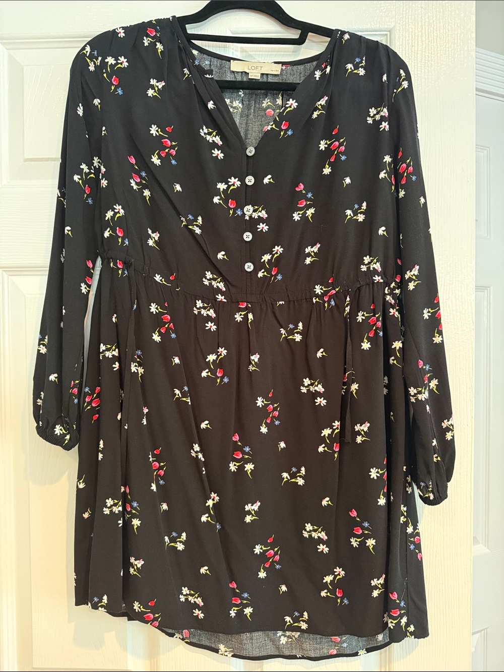 LOFT Black Floral Button-Front Long-Sleeve Dress